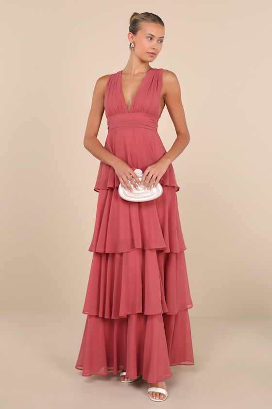 Amazing Evening Dark Rose Pink Tiered Maxi Dress