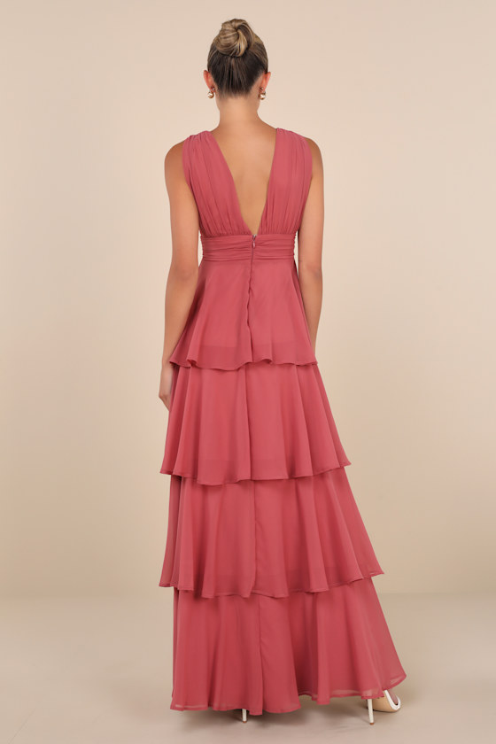 LULUS AMAZING EVENING DARK ROSE PINK TIERED MAXI DRESS