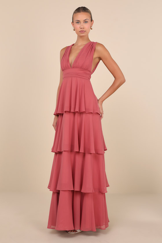 LULUS AMAZING EVENING DARK ROSE PINK TIERED MAXI DRESS