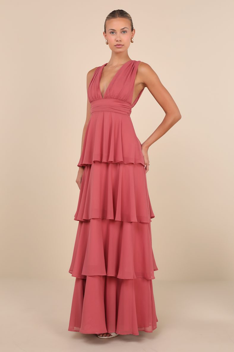 Amazing Evening Dark Rose Pink Tiered Maxi Dress