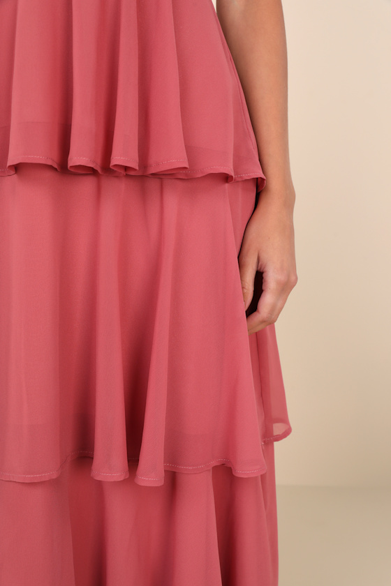 LULUS AMAZING EVENING DARK ROSE PINK TIERED MAXI DRESS