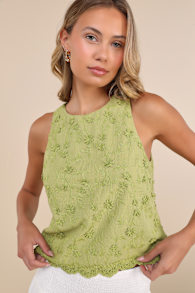 Pleasant Personality Green Floral Embroidered Crew Neck Tank Top 1