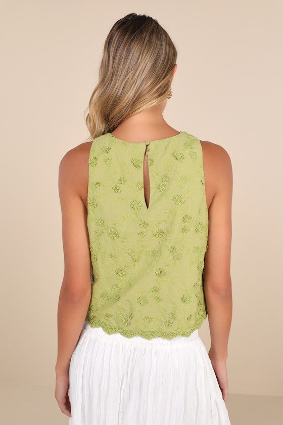 Lulus Pleasant Personality Green Floral Embroidered Crew Neck Tank Top In Green