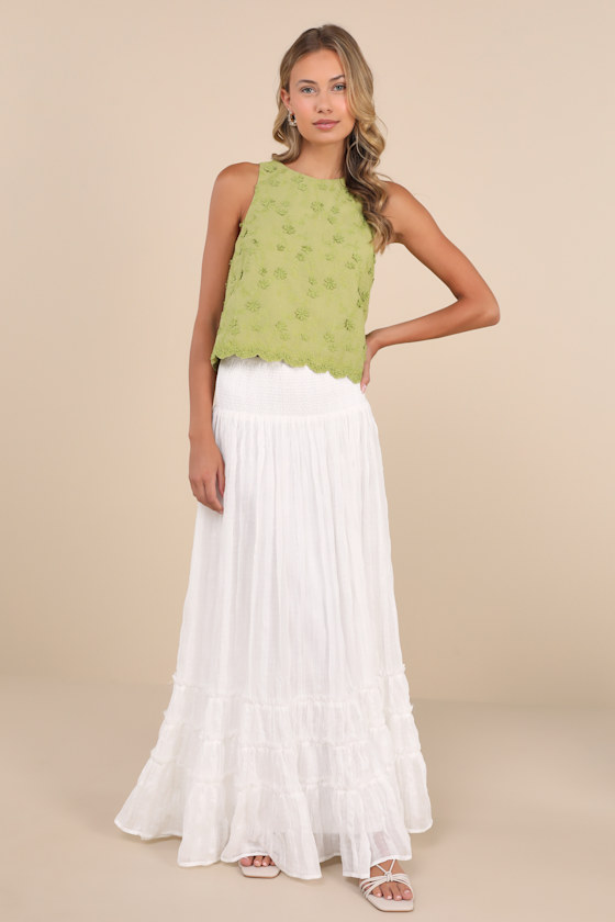 Lulus Pleasant Personality Green Floral Embroidered Crew Neck Tank Top In Green