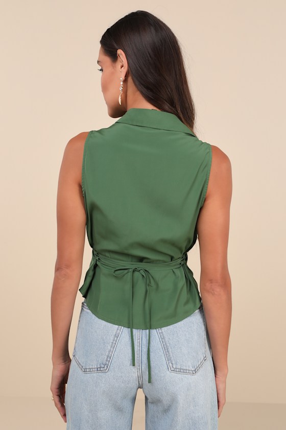 Lulus Iconic Chicness Green Collared Twist-front Button-up Tank Top In Green