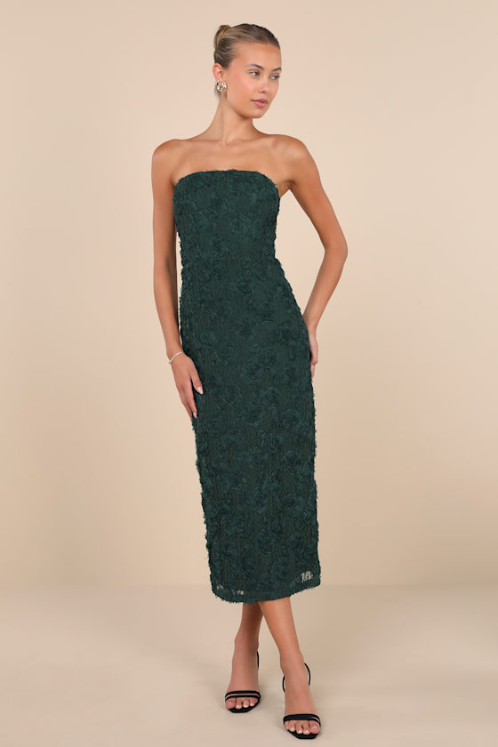 Lulus Flawless Perfection Emerald Floral Applique Strapless Midi Dress In Green