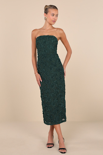 Flawless Perfection Emerald Floral Applique Strapless Midi Dress 3