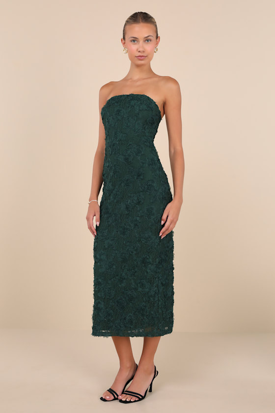 Flawless Perfection Emerald Floral Applique Strapless Midi Dress 4