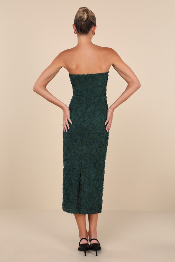 Lulus Flawless Perfection Emerald Floral Applique Strapless Midi Dress In Green