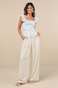 Composed Persona Cream Textured Pleated High-Rise Wide-Leg Pants