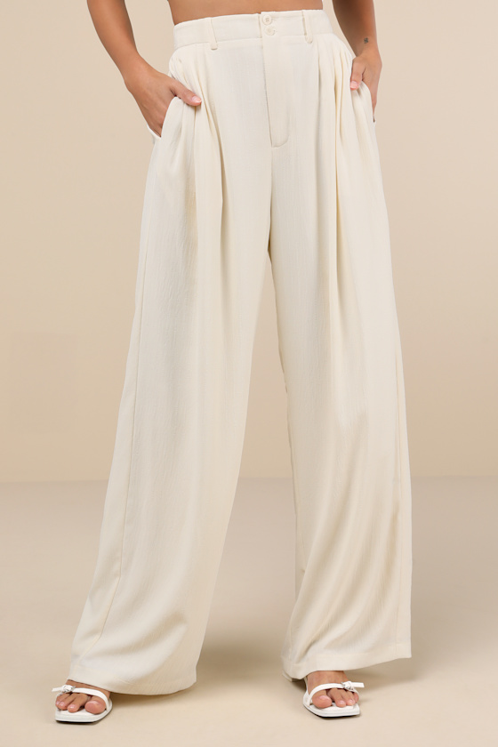 Shop Lulus Composed Persona Cream Textured Pleated High-rise Wide-leg Pants In White