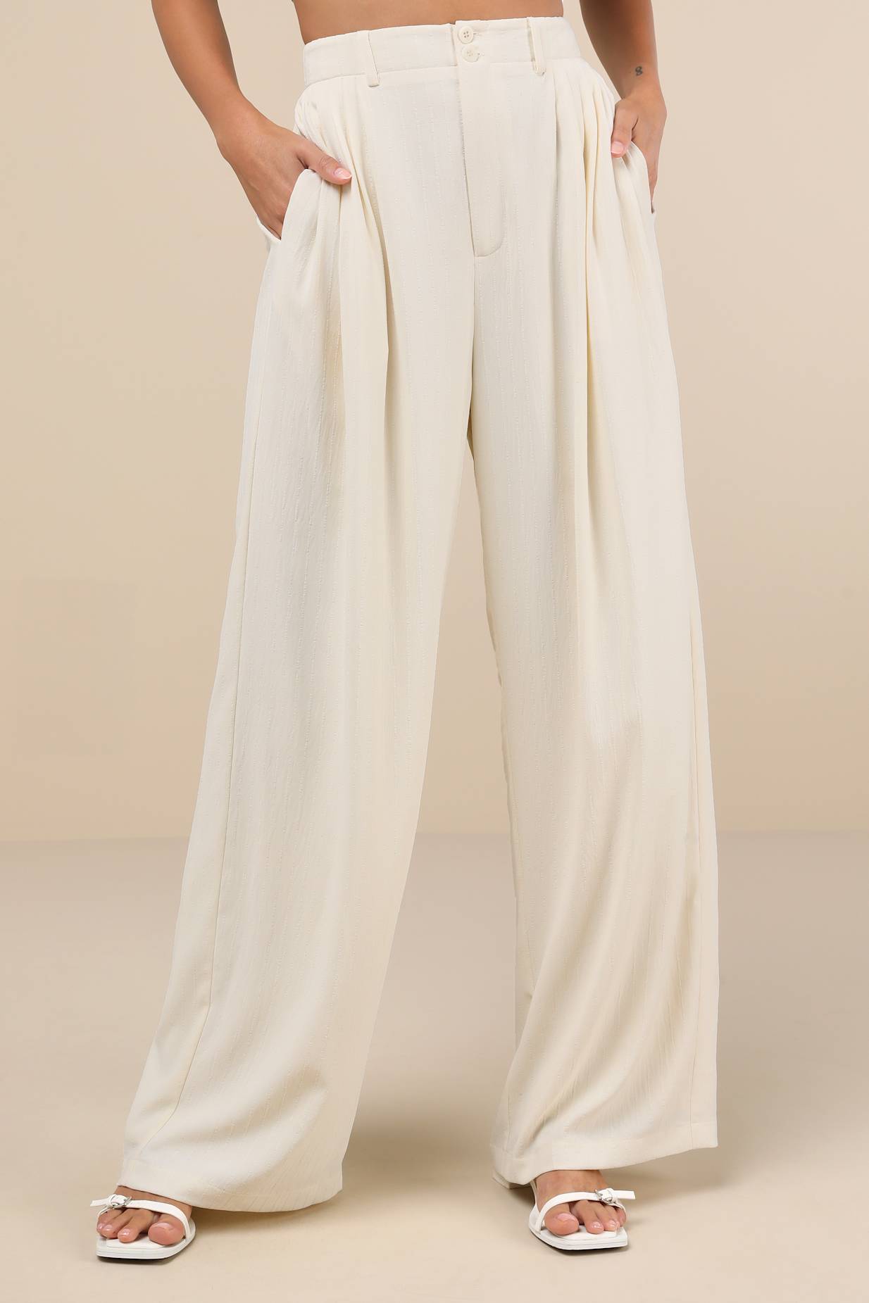 Composed Persona Cream Textured Pleated High-Rise Wide-Leg Pants