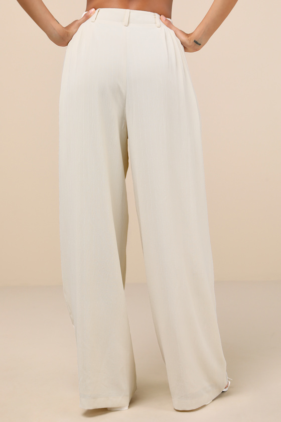 Cream Textured Pants - Pleated High-Rise Pants - Wide-Leg Cream Textured Pants - Pleated High-Rise Pants - Wide-Leg