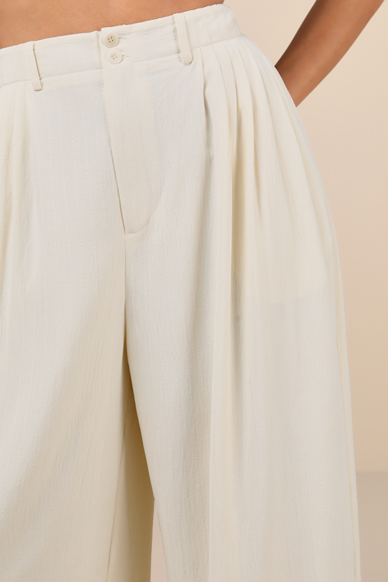Shop Lulus Composed Persona Cream Textured Pleated High-rise Wide-leg Pants In White