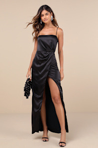 Stunning Expression Black Satin Pleated Tulip Maxi Dress 1