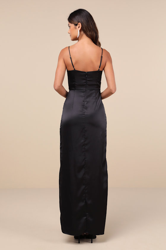 Stunning Expression Black Satin Pleated Tulip Maxi Dress 2