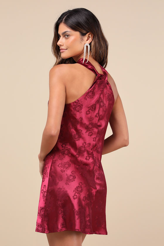 Got the Key Burgundy Satin Floral Jacquard Halter Mini Dress 2