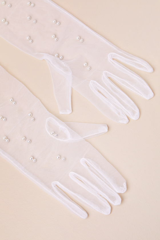 Remarkably Glam White Mesh Pearl Elbow-Length Gloves 1