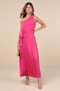Goddess Aura Fuchsia Satin One-Shoulder Maxi Dress 1