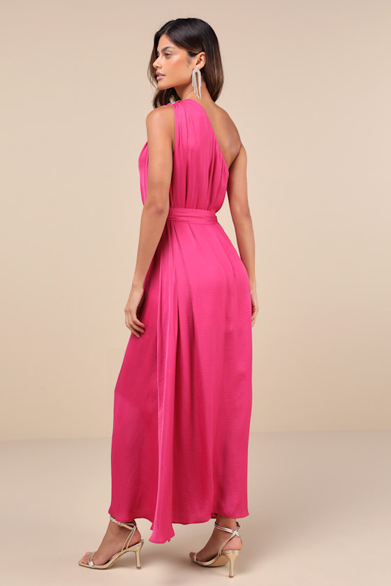 Lulus Goddess Aura Fuchsia Satin One-shoulder Maxi Dress In Fuchsia