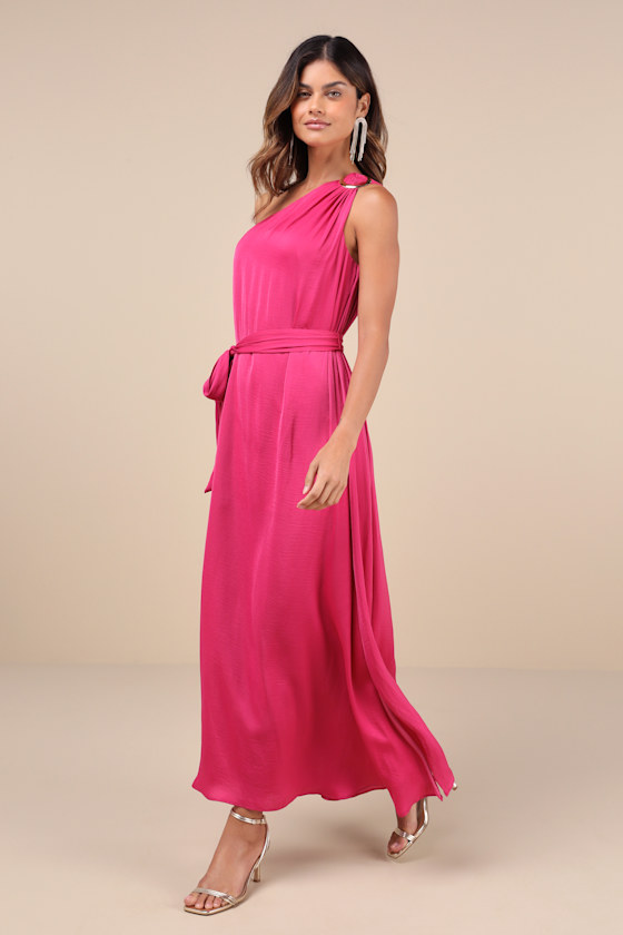 Lulus Goddess Aura Fuchsia Satin One-shoulder Maxi Dress In Fuchsia