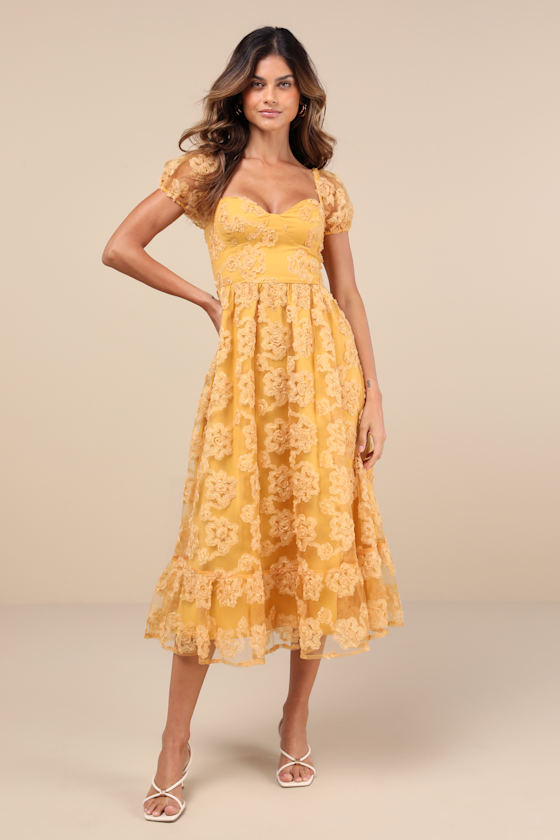 Notable Elegance Yellow Mesh Floral Applique Bustier Midi Dress 1
