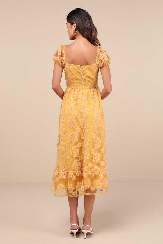LULUS NOTABLE ELEGANCE YELLOW MESH FLORAL APPLIQUE BUSTIER MIDI DRESS