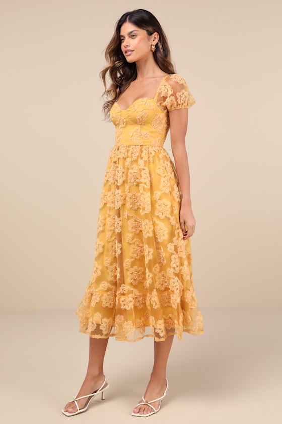 LULUS NOTABLE ELEGANCE YELLOW MESH FLORAL APPLIQUE BUSTIER MIDI DRESS
