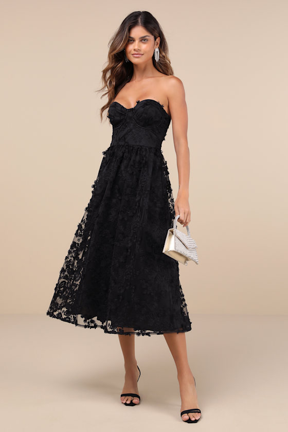 Quite Perfect Black Floral Embroidered Strapless Midi Dress