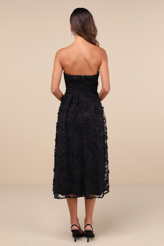 Shop Lulus Quite Perfect Black Floral Embroidered Strapless Midi Dress