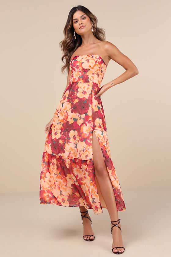 Lulus Bright Perspective Plum And Orange Floral Strapless Midi Dress In Orange