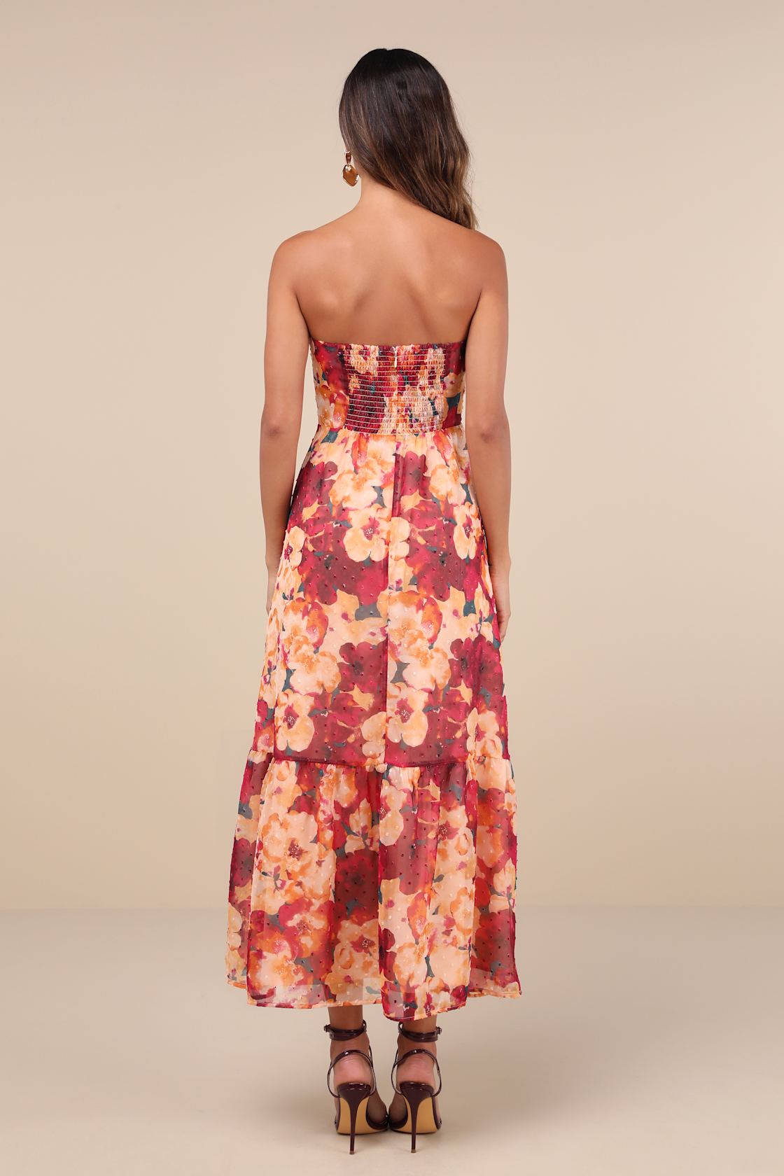 Bright Perspective Orange and Pink Floral Strapless Midi Dress