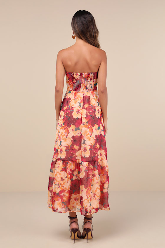 Bright Perspective Plum and Orange Floral Strapless Midi Dress 2