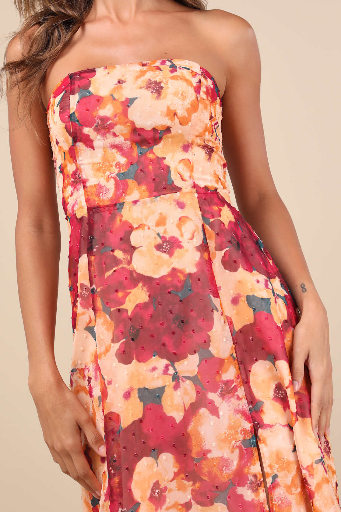 Bright Perspective Orange and Pink Floral Strapless Midi Dress