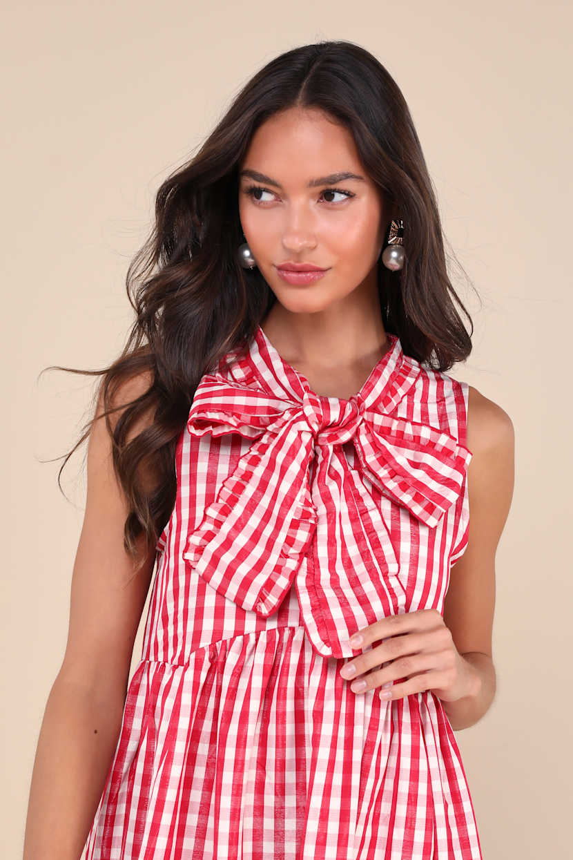 fitted lace wedding dress Layla Red Gingham Tie Back Mini Dress - US 12