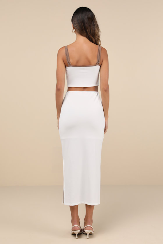 Trendy Match White and Brown Ribbed Two-Piece Midi Dress 4