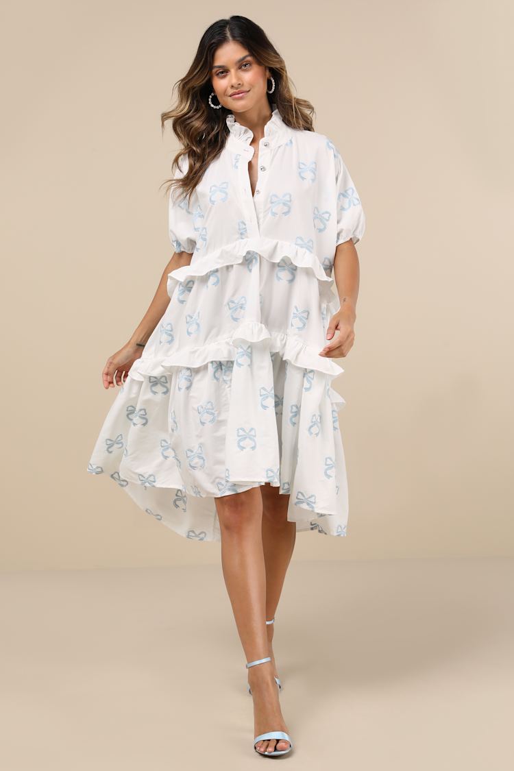 Cassia White Oversized Tiered Ruffled Embroidered Bow Mini Dress