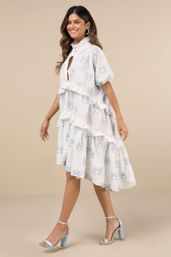 Cassia White Oversized Tiered Ruffled Embroidered Bow Mini Dress 3