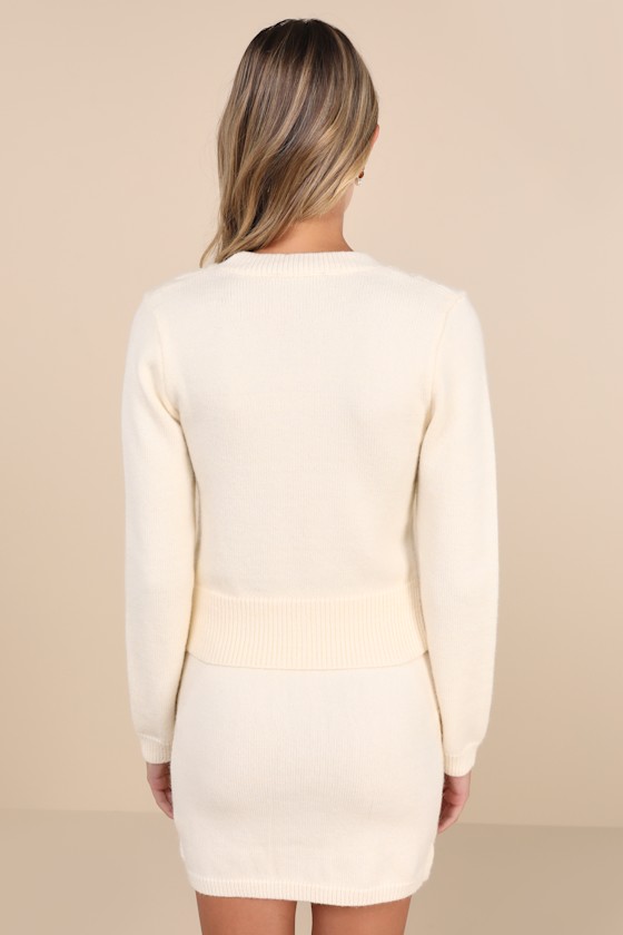 Lulus Darling Sophistication Ivory Cable Knit Bow Crew Neck Sweater In Ivory