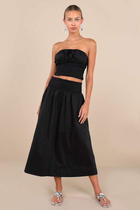 Modern Sweetheart Black Smocked Waist Midi Skirt