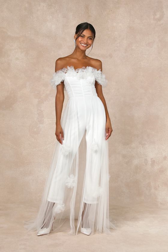 LULUS MODERN DEVOTION WHITE 3D FLOWER TULLE OVERLAY JUMPSUIT