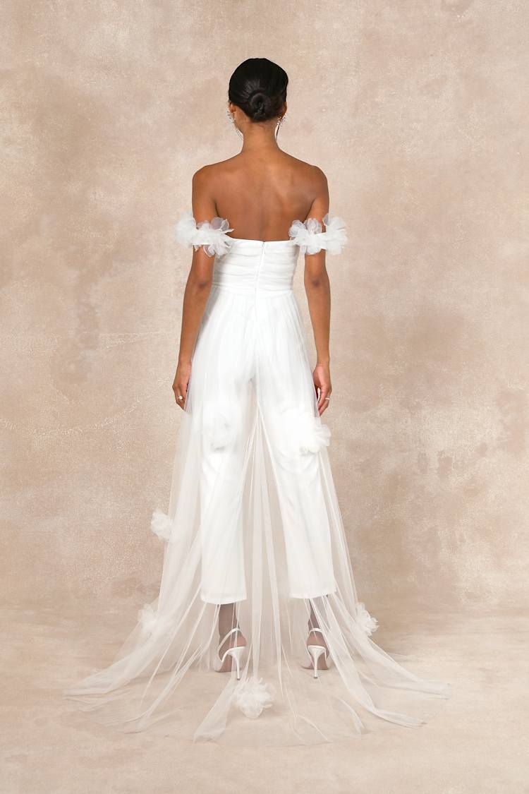 Modern Devotion White 3D Flower Tulle Overlay Jumpsuit