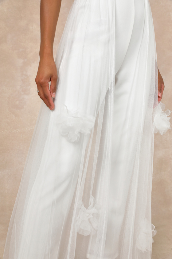 LULUS MODERN DEVOTION WHITE 3D FLOWER TULLE OVERLAY JUMPSUIT
