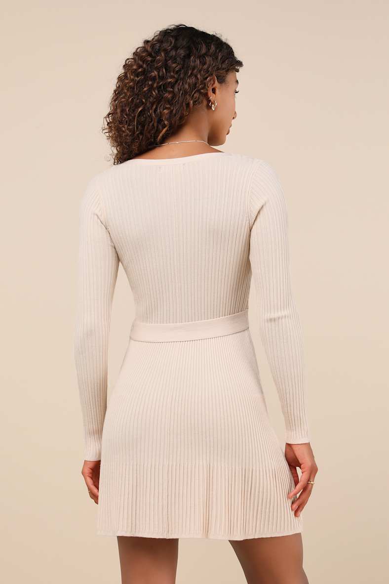 Cozy Poise Beige Henley Long Sleeve Mini Sweater Dress