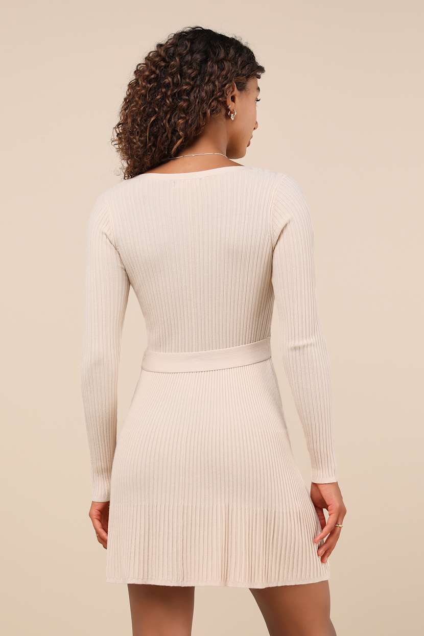 Cozy Poise Beige Henley Long Sleeve Mini Sweater Dress