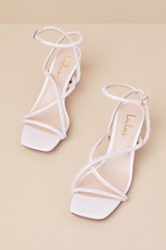 White Low Heel Sandals - Pearl Ankle Strap Sandals - Sandal Heels - Image 3