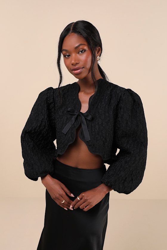 Paddock Black Jacquard Cropped Balloon Sleeve Bolero Jacket 2