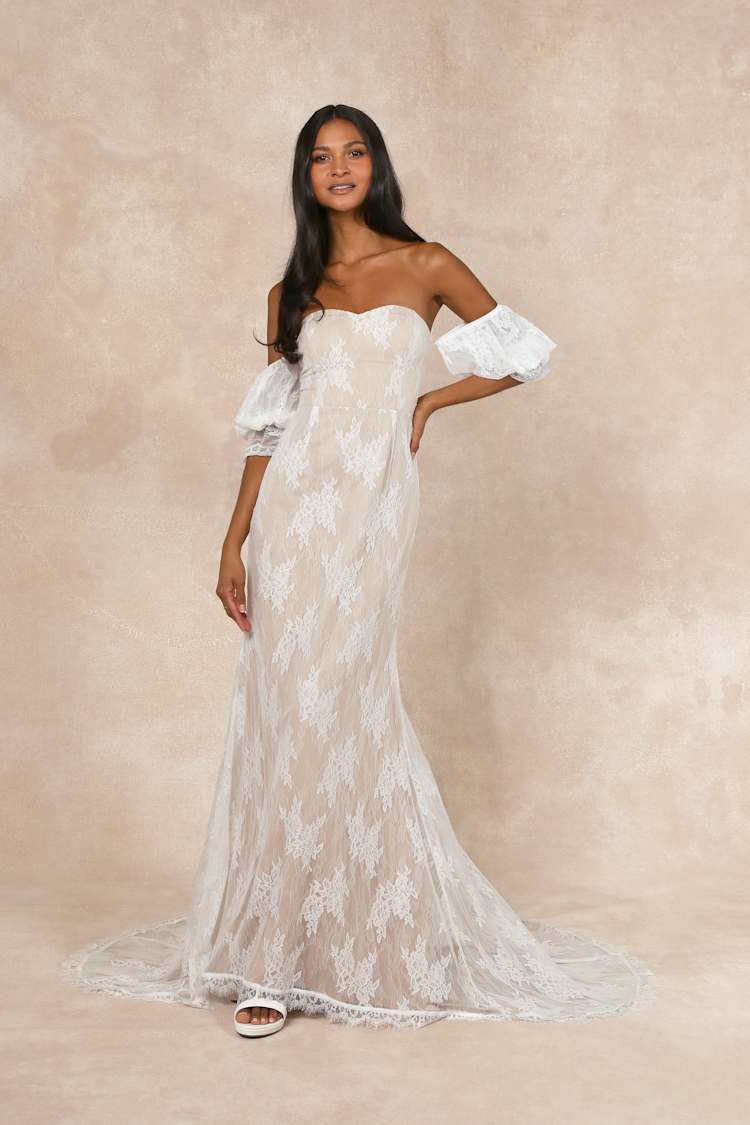 Loving Beauty White Lace Puff Sleeve Off-the-Shoulder Maxi Dress