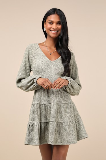 Adorable Option Heather Green Long Sleeve Mini Sweater Dress