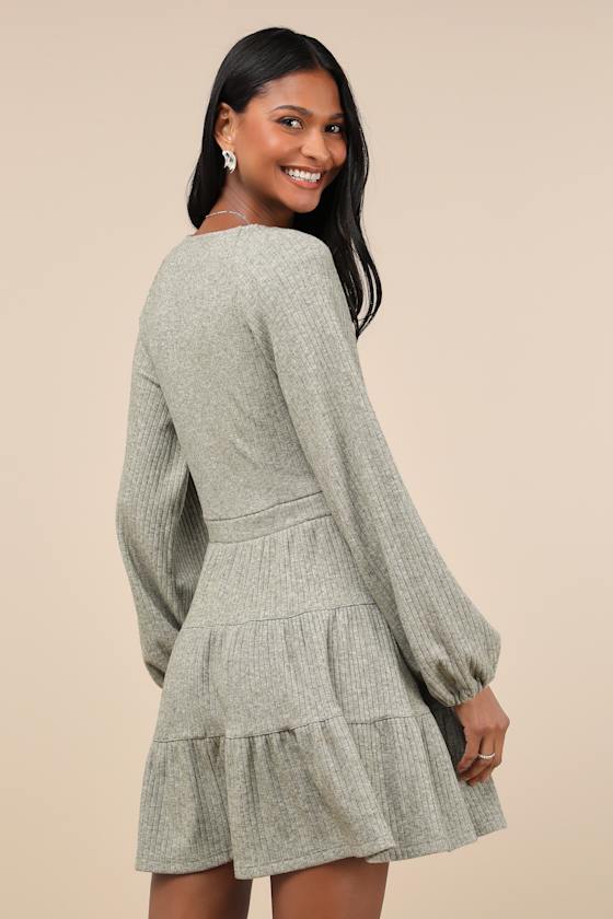 Lulus Adorable Option Heather Green Long Sleeve Mini Sweater Dress In Green